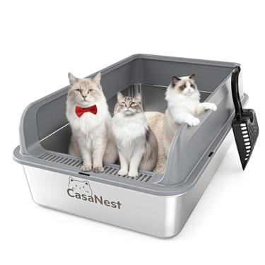 Imagem de Caixa de areia para gatos de aço inoxidável XXXL 71 cm × 51 cm × 25 cm Caixa de areia de metal extra grande para gatos grandes, multi gatos, panela de metal antivazamento e antiaderente, fácil de