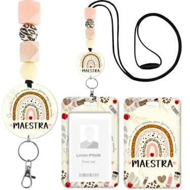 Imagem de Cordão de professor de espanhol com porta-crachá, lindo porta-cartão de identificação arco-íris Maestra com alça de pescoço com contas, acessórios inspiradores para professores presentes para mulheres