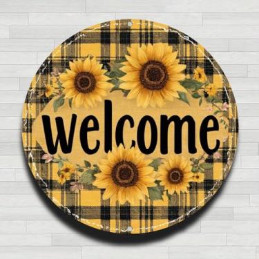 Imagem de Placa de boas-vindas xadrez com girassóis vintage placa de parede redonda de alumínio rústico, sem relógio real, presentes internos e externos de 20 cm e decoração para casa, escritório, café e
