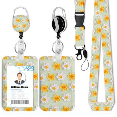 Imagem de Porta-crachá de identificação de flor com cordão separável e carretel retrátil resistente - chaveiro mosquetão giratório de 360° para mulheres, estudantes, professores, enfermeiros, uso no escritório
