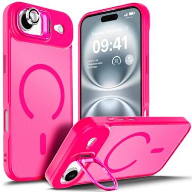Imagem de YZB Capa projetada para iPhone 17-Air, rosa choque | Magnética compatível com MagSafe | Suporte integrado e protetor de lente da câmera | Capa traseira antiamarelamento e resistente a arranhões
