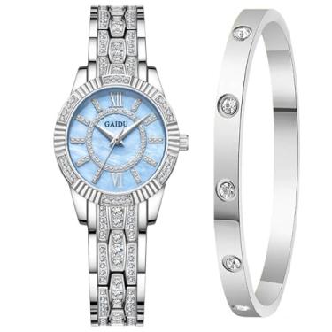 Imagem de Kchss Relógios femininos de pulso, pulseira de aço, relógio feminino casual, Hb. Azul prateado, redondo