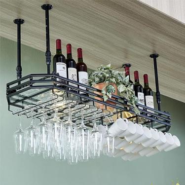 Imagem de Rack de vinho de ferro forjado suspenso | Estilo minimalista moderno | Rack de vidro de teto de metal ajustável | Decoração de bar de restaurante de cozinha | Comprimento 80/100/120 cm (preto 100 cm x