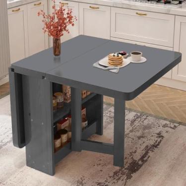 Imagem de Mesa de jantar versátil dobrável de madeira maciça com folhas caídas – mesa de altura ajustável para economia de espaço com rack de armazenamento de camada dupla para cozinha e escritório, capacidade