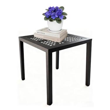 Imagem de DHYGOTFUR Mesa lateral quadrada de alumínio resistente – mesa de centro externa com moldura à prova de ferrugem revestida em pó, móveis de pátio resistentes para jardim, deck, área de piscina (preto