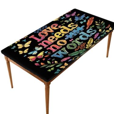 Imagem de hongjinglin Toalha de mesa retangular de 1,8 m com palavras elásticas, com estampa de autismo, toalha de mesa elástica, retangular, capa protetora de mesa lavável à prova d'água para piquenique