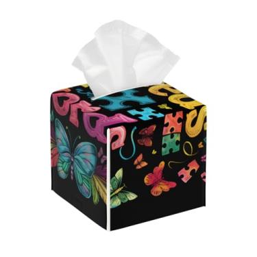 Imagem de Capa quadrada de couro para caixa de lenços à prova d'água, autismo, cor de palavras, organizador de papel facial com cinto inferior, estojo de lenços para mesa, banheiro, escritório, mesa, carro