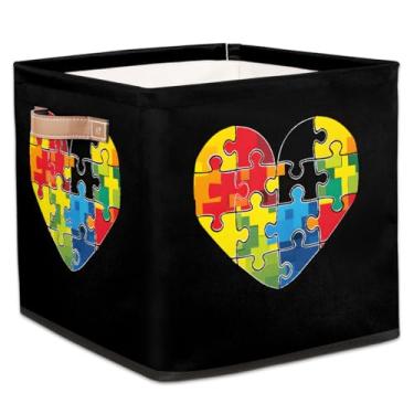 Imagem de hongjinglin Cestos dobráveis de armazenamento em cubos, lindos estojos dobráveis de coração de autismo, brinquedo infantil com alças, organizador de tecido, cesto organizador para berçário, sala de