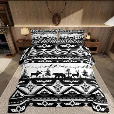 Imagem de Feelyou Conjunto de edredom ocidental para todas as estações, asteca do sudoeste, com 2 fronhas, urso, Queen, cervo, alce, decoração de quarto, animais selvagens, cinza, edredom respirável, macio e