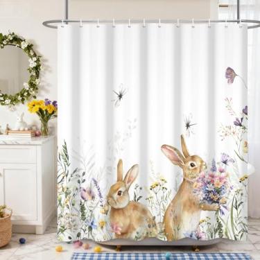 Imagem de Renaiss Cortinas de chuveiro para banheiro, coelhinho da Páscoa, 182 x 182 cm, conjunto de cortina de chuveiro com flores em aquarela com ganchos para casa de banho, banheiras, decoração, tecido