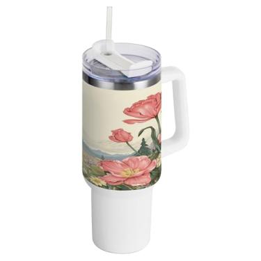 Imagem de xigua Copo vintage de flores silvestres de 1,134 g com alça e canudo, aço inoxidável duplo isolado a vácuo garrafa de água suporte de copo de garrafa de água amigável à prova de vazamento copo de