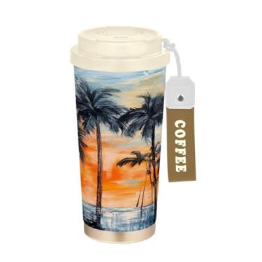 Imagem de SEHANY Caneca de viagem com palmeira de verão, 482 g, copos de café reutilizáveis revestidos de cerâmica com tampa à prova de vazamento, parede dupla, isolamento a vácuo, copo de café de aço