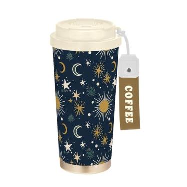 Imagem de SEHANY Caneca de viagem Sol e Lua 482 g Copos de café reutilizáveis revestidos de cerâmica com tampa à prova de vazamento, parede dupla, isolamento a vácuo, copo de café de aço inoxidável para bebidas