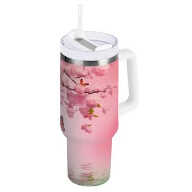 Imagem de Blueangle Copo isolado de 850 g com alça e tampa de canudo - Caneca de viagem de aço inoxidável à prova de vazamento, garrafa de água de borboleta rosa a vácuo de parede dupla (120)