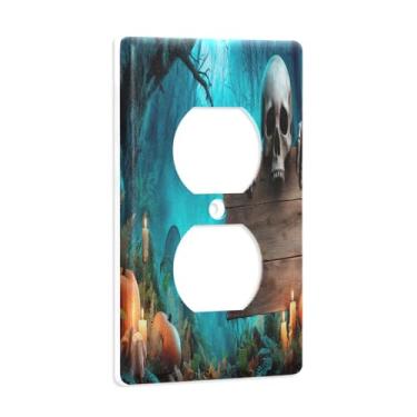 Imagem de Blueangle Placa de parede de tomada dupla de placa de madeira de Halloween, tamanho padrão, placas de cobertura de tomada elétrica de 1 gangue para decoração de quarto de escritório em casa, 4,53 x