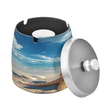 Imagem de Blueangle Lindo cinzeiro de praia tropical com tampa para cigarros, à prova de vento/chuva, aço inoxidável, sem fumaça, inodoro, cinzeiro para uso interno ou externo (596)