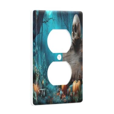 Imagem de Blueangle Placa de parede de tomada dupla de placa de madeira de Halloween, tamanho padrão, placas de cobertura de tomada elétrica de 1 gangue para decoração de quarto de escritório em casa, 4,53 x
