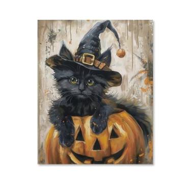 Imagem de HouLaiZhe Pôster de Halloween fofo gato preto abóbora impressão de arte de parede decorações de Halloween decoração de quarto estética gótica para sala de estar quarto 08 x 10 polegadas (20 x 25 cm)