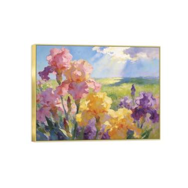 Imagem de Pintura de arte de parede de flores - imagem de decoração vintage - íris colorida-impressões em tela com moldura dourada para sala de estar 50 x 65 cm 20 x 26 pol
