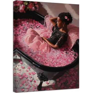 Imagem de Halioyo Arte de parede feminina afro-americana, decoração de parede de banheiro para mulheres, impressão em tela de menina negra, pôster moderno preto rosa para sala de estar, quarto, decoração de