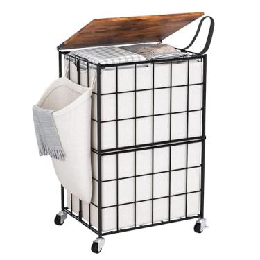 Imagem de DXIGUSO Cesto de lavanderia 90L com rodas, cesto de roupa de grande capacidade com sacos de forro removíveis, classificador de roupas resistente com tampa de madeira maciça e alças de couro (bege