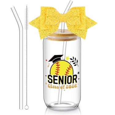 Imagem de Hushee Class of 2026 Senior Night Gifts Garrafa de água de vidro de 473 ml com tampas Canudos Glitter Bow Straw Topper Senior 2026 Tumbler Presente de Formatura para Mulheres Treinadoras de Equipe