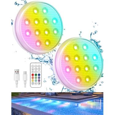 Imagem de Luzes de piscina, luzes de LED submersíveis recarregáveis atualizadas 2024 com controle remoto, 16 cores IP68 à prova d'água para piscina enterrada acima do solo, aquário, banheira de hidromassagem