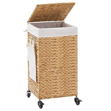 Imagem de LGENHOOM Cesto tecido à mão com tampa, cesto de roupa suja com rodas, forro lavável na máquina, cesto de roupas para banheiro, lavanderia, quarto (natural, 78L)