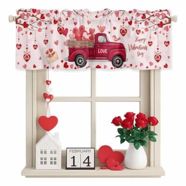 Imagem de Cortinas de Dia dos Namorados para Janelas Coração Vermelho Árvore Valances Love Branch Birds Truck Rod Pocket Valance Tratamentos para Janelas Cortinas Curtas para Cozinha Sala de Estar Quarto 137 x