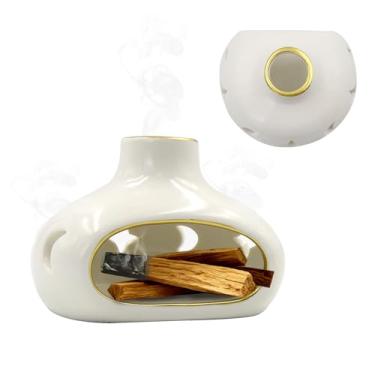 Imagem de Suporte de incenso de cerâmica, queimador de cone de incenso feito à mão para feixes de sálvia, suporte de palo santo com chaminé, tigela de manchas para meditação espiritual e ioga (branco)