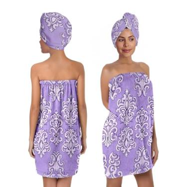 Imagem de YWMAN Conjunto de envoltório de banho de microfibra com turbante de cabelo, padrão de damasco roxo, envoltório de toalha de banho de spa macio, acessórios de banho femininos, serve para peito de 100 a