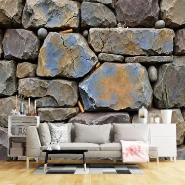 Imagem de Murais de parede de tamanho personalizado, parede de pedra irregular envelhecida cinza marrom azul pedras autoadesivas tecido de parede (SEM PVC) papel de parede grande removível para sala de estar