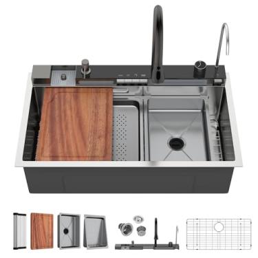 Imagem de Pia de cozinha em cascata de 83 cm - pia de cachoeira Beslend 83 x 48 cm, estação de trabalho de aço inoxidável, pias inteligentes modernas, tigela única de calibre 16 com torneira, display digital e