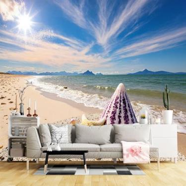 Imagem de Murais de parede de tamanho personalizado, praia ensolarada brilhante céu azul claro nuvens finas sol brilhante tecido de parede autoadesivo (sem PVC) papel de parede grande removível para sala de