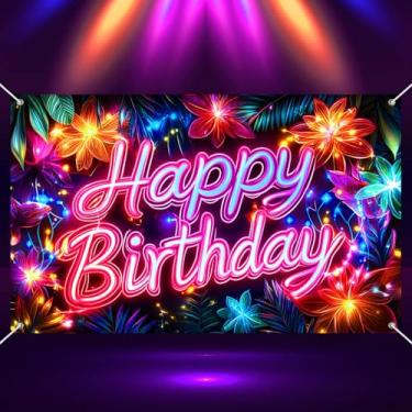 Imagem de BlissYard Banner neon feliz aniversário 71 x 43 polegadas fundo brilhante decoração de festa design de folhas florais tropicais para adultos aniversário cabine foto pano de fundo suprimentos decoração