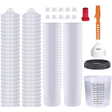 Imagem de Colodsuhey Kit De Pistola De Pintura Descartável De 20 Onças (600 Ml) Com Sistema De 50 Copos E Tampas, 1 Copo Rígido Com Anel De Retenção, 10 Plugues E 1 Agitador De Tinta Para Revestimentos Comerc