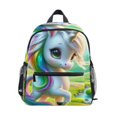 Imagem de GAIGEO Cute Unicorn Spring Kids Mini Backpack Backpack for Kindergarten Boys with Front Pocket, Safety Whistle for Ages 3-8
