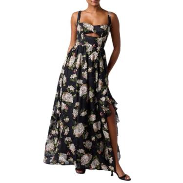 Imagem de Lulus Morgana Vestido maxi floral recortado para mulheres, vestido formal de festa de casamento com fenda de babados e decote em coração, Floral preto, G