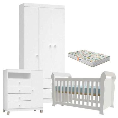 Imagem de Quarto De Bebê 3 Portas Ternura Baby Com Berço Lara Branco Brilho Com Colchão Gazin - Incorplac