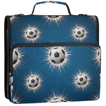 Imagem de Bolas de futebol azul escuro 3 fichários anel D 1,5 polegada D organizador de fichário bolsa de fichário com alça para escola vários bolsos pasta grande portfólio, 34,5 x 31,5 x 9 cm