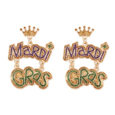 Imagem de Brincos femininos com letras de carnaval com glitter e ouro verde roxo para celebração de carnaval e festa