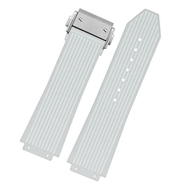 Imagem de AXPTI Pulseira masculina de borracha de silicone para Hublot BIG BANG preto azul branco com fivela borboleta acessórios 26 x 19 mm (prata branca)