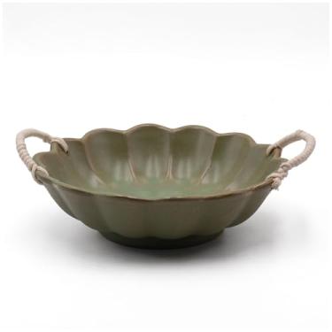 Imagem de Amitofo Tigela pequena de cerâmica recortada vintage com alças de corda, tigela de bolsa esmaltada estilo retrô para servir frutas, salada, decoração de mesa central (verde)