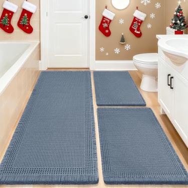 Imagem de IM HOME Conjunto de 3 peças de tapete de banho, tecido boêmio, moderno, absorvente, antiderrapante, macio, lavável na máquina, tapetes de banho de malha com borda para banheiro, quarto, cozinha