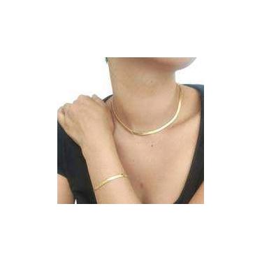 Imagem de Kit Conjunto Chocker Malha Fita Laminada com Pulseira Folheado a Ouro 