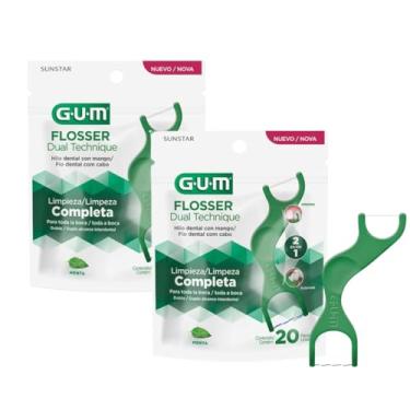 Imagem de Kit Com 2 Fio Dental Flosser Gum Dual Technique | Fio Dental Com Haste | Sabor Menta | 40 unidades