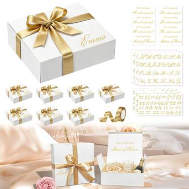Imagem de EXJEXJ 8 conjuntos de caixas de presente de dama de honra com tampas - Will You Be My Bridesmaid Vinyl Sticker e fita de cetim - Caixa de presente de papelão branco para casamento, chá de panela