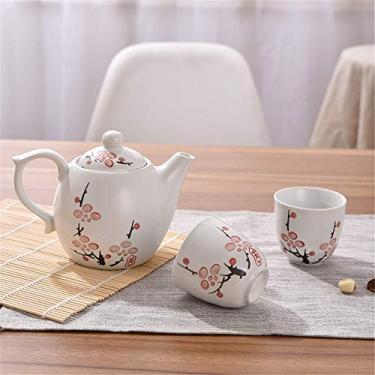 Imagem de Conjunto de chá com padrão de flor de ameixa bule de chá com alça e conjunto de xícaras de chá serviço para 2 adultos lindamente embalado em caixa de presente conjunto de chá de cerâmica doméstico