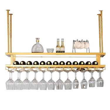 Imagem de Gancho de metal para taças de vinho, prateleira de exibição de armazenamento de vinho, bicamada para copos de vinho, rack de garrafa de teto de 60 a 200 cm, largura/altura ajustável, alta capacidade