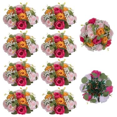 Imagem de NUPTIO Centros de mesa de flores para mesas: 10 peças de arranjos de rosas artificiais rosa choque, laranja e rosa para festa de casamento - Bolas de beijo de hálito de bebê florais artificiais para